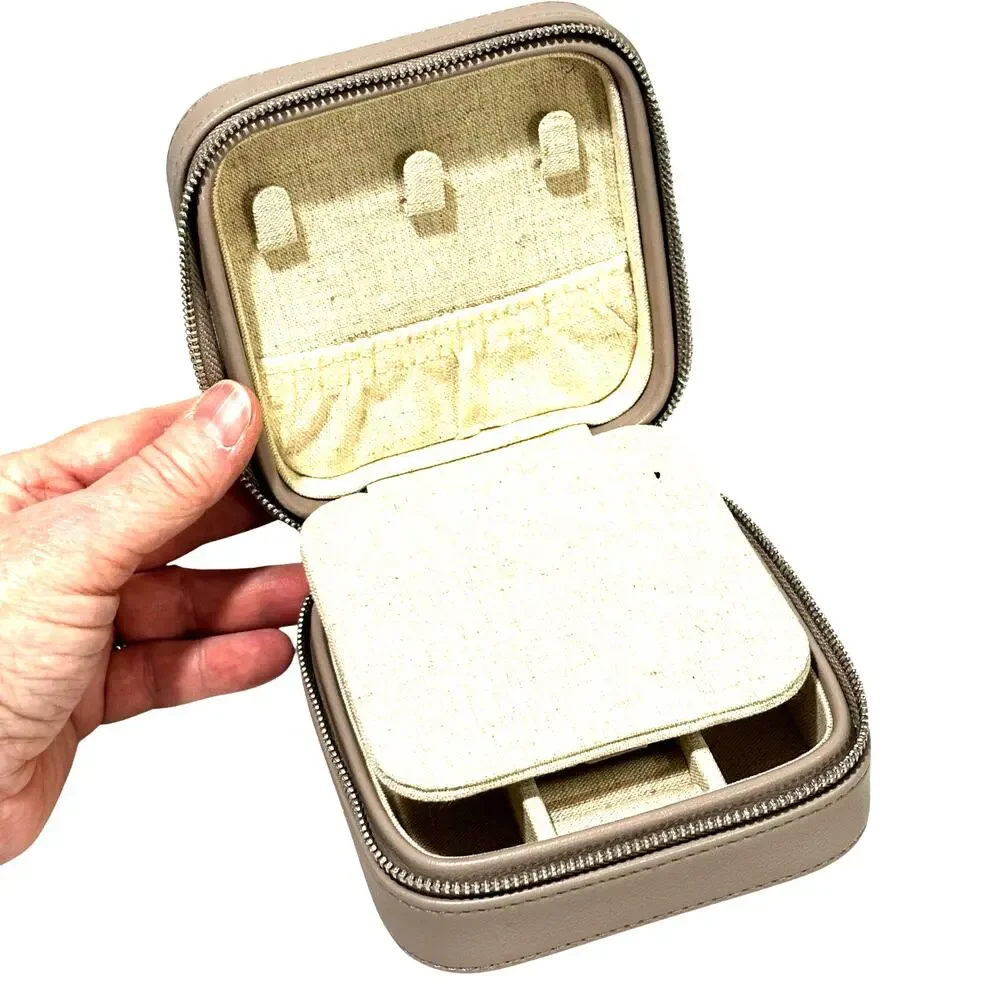 Gray leather zip around travel jewelry case small storage box organizer mirror